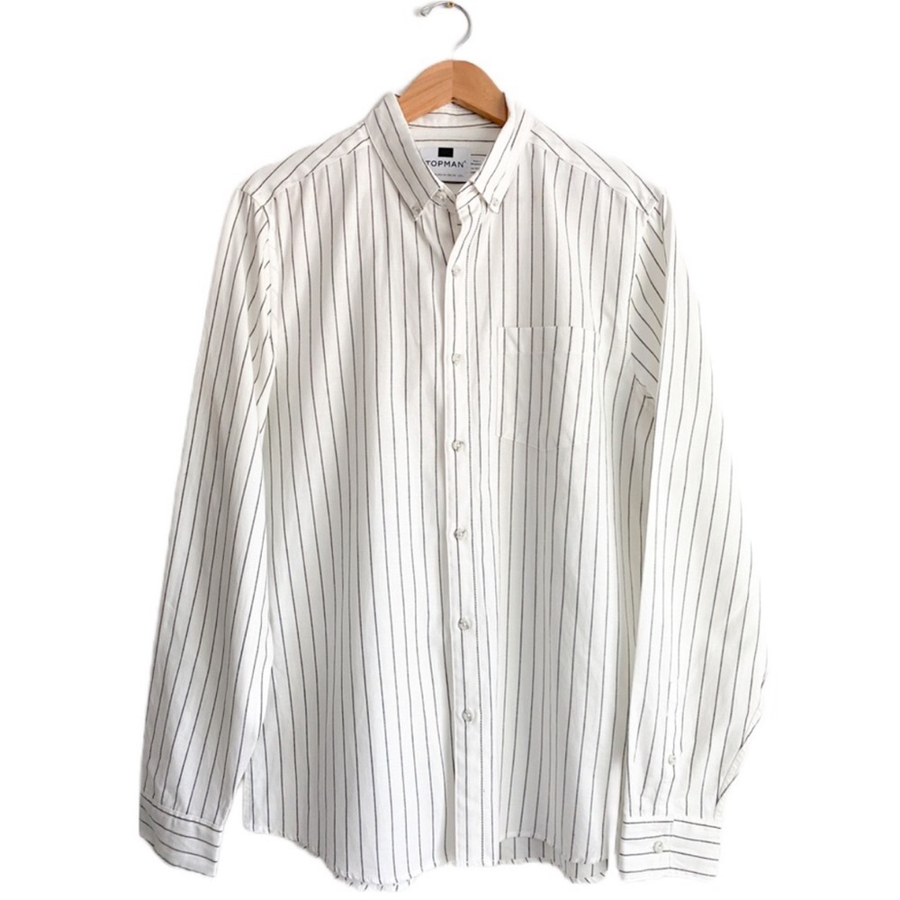 TOPMAN Striped Men Button Up Shirt Off White Gray Casual Formal Top Long Sleeves